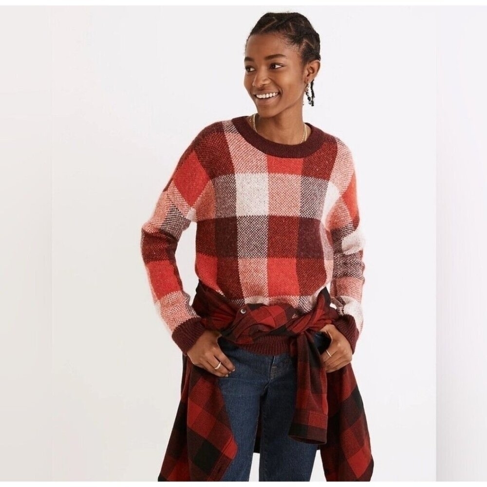 Madewell Fenimore Red Plaid Pullover Sweater Alpaca Wool Blend size medium